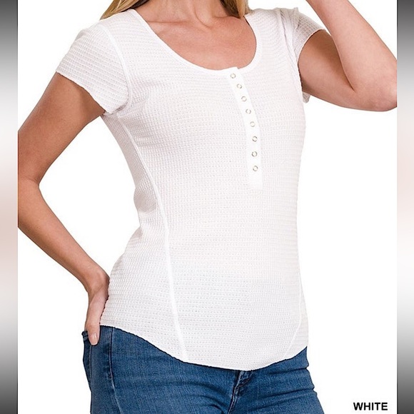 ☃️BOGO50%☃️ 🆕🤍ZENANA: WHITE Baby Waffle Snap Button Cap Sleeve Top LARGE - Picture 6 of 11